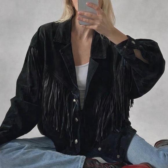 Echo Mountain Jackets & Blazers - Vintage Arturo Arocho Size 16 Black Fringe Jacket Western Suede Leather